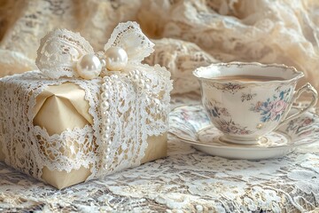 Wall Mural - Vintage Mother's Day afternoon with a lace and pearl wrapped gift and a delicate china coffee set on an antique lace tablecloth.