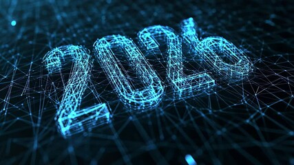 New Year 2026 design on black background, blue technology digital vector illustration