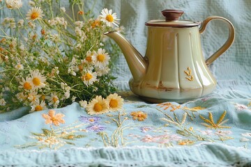 Wall Mural - Vintage Mother's Day morning with a retro coffee pot and a mix of field flowers on an embroidered cloth, harking back to simpler times.