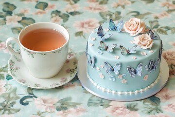 Wall Mural - Whimsical Mother's Day table with a fairy-tale inspired cake adorned with butterflies, next to a dainty cup of rose tea on a floral tablecloth.