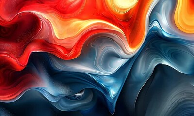 Wall Mural - Vibrant Abstract Waves in Fluid Motion with Dynamic Colors of Red, Blue, and Orange in a Captivating Artistic Composition