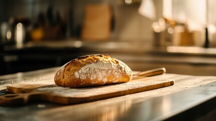 Aufkleber - A rustic loaf rests on a flour-dusted cutting board, illuminated by warm morning light streaming through a kitchen window, creating an inviting atmosphere