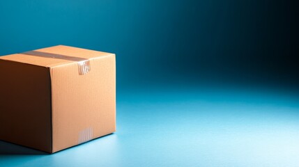 Leinwandbilder - Cardboard box is positioned on a pastel blue background, featuring a soft shadow. This setup highlights its simple and clean design, ideal for mockups and presentations