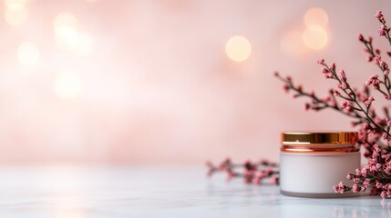 Aufkleber - Luxury skincare products are beautifully arranged on a marble surface, with soft pink and gold accents under natural light, creating an elegant atmosphere for self-care