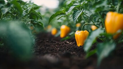 Aufkleber - Ripe yellow bell peppers thrive in a garden, their bright color standing out against dark soil and green leaves, illuminated by gentle natural light
