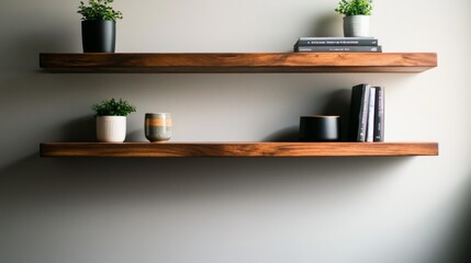Poster - Floating wooden shelves showcase potted plants and vintage books against a matte white wall, enhanced by natural light for depth in the decor