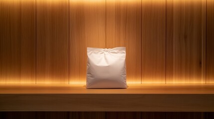 Fototapete - A blank white package is displayed prominently on a wooden shelf, surrounded by warm lighting that creates a serene and organic retail atmosphere