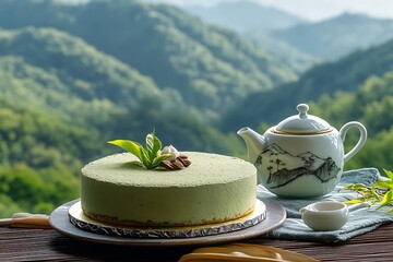 Wall Mural - Tranquil Mother's Day morning with a green tea cake and a ceramic tea set, set against a backdrop of serene mountain views.