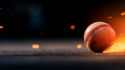 Aufkleber - A cricket ball moves diagonally, surrounded by stylized flames and trailing sparks. The dark background emphasizes the intense motion and fiery ambiance