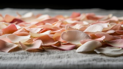 Poster - Pastel flower petals and tiny white blooms are artfully arranged on a faded linen cloth, creating a delicate and serene atmosphere with soft textures