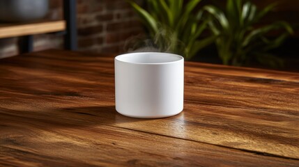Poster - A white ceramic mug sits atop a rough wooden table, releasing soft steam under warm morning light, creating a serene, calm atmosphere of early hours