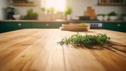 Poster - Warm sunlight illuminates a wooden countertop adorned with fresh herbs and ceramic bowls, surrounded by dark cabinetry, creating a cozy kitchen ambiance