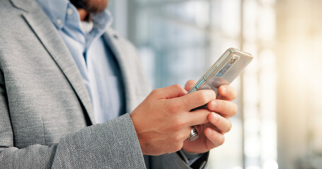 Aufkleber - Hands, business and man with smartphone, internet and digital app for email, network and social media. Closeup, person and employee in workplace, cellphone and economy analyst with communication