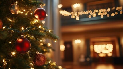 Poster - Close-up view of a vibrant Christmas tree adorned with sparkling lights and colorful ornaments, creating a warm and inviting holiday atmosphere in the background
