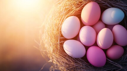 Leinwandbilder - A collection of pastel-colored Easter eggs is arranged in a nest of spring flowers, illuminated by soft sunlight that enhances the colors and textures