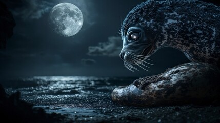 Aufkleber - Selkie's enchantment under the moon coastal night closeup portrait nature ethereal mythical creature