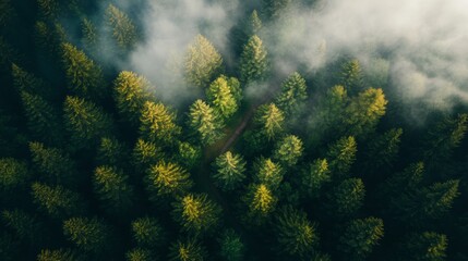 Aufkleber - A peaceful forest clearing displays tall, mist-covered trees, with a quaint wooden bridge crossing a narrow stream, creating a tranquil atmosphere for exploration