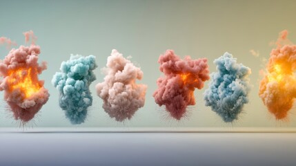 Poster - Explosion bursts rendered in vivid gradients appear in different detonation stages against a soft pastel background, creating a striking visual contrast