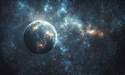 Wall Mural - Dramatic Cosmic Landscape Featuring a Bright Planet Surrounded by Glittering Stars and Ethereal Nebula in a Vast Galaxy Setting
