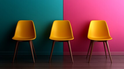 Aufkleber - Three bright yellow chairs are neatly arranged against a wall divided into teal and pink, showcasing a playful yet modern interior design