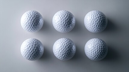 Leinwandbilder - Six clean white golf balls are organized in a neat grid pattern on a light gray background, creating a visually appealing look suitable for commercial use