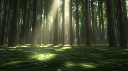 Poster - Sunlight filters through the dense treetops, casting gentle shadows on the moss-covered ground and leaves in a tranquil forest glade during the morning