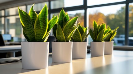 Leinwandbilder - Bright and airy workspace showcases minimalist design with white desks and lush green plants, creating a refreshing atmosphere filled with natural light