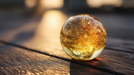 Wall Mural - a translucent orb filled with golden mist and micro-glitters, sitting on a reflective dark wood surf