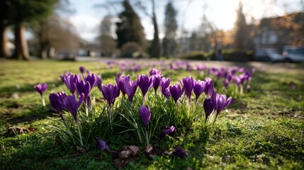 Leinwandbilder - Vibrant crocus flowers bloom across a grassy field, illuminated by warm sunbeams, marking the arrival of early spring in a serene, natural setting