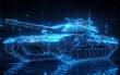 © SUKHUM - Futuristic digital tank, glowing wireframe, military technology.