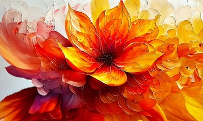 Wall Mural - abstract floral artwork featuring vibrant orange yellow red petals in fluid shapes on a bright backg