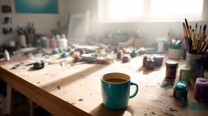 Fototapete - Close-up of a unique hand-painted clay mug on a cluttered workbench, illuminated by warm light and surrounded by brushes and colorful ink pots