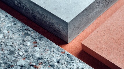 Poster - Hexagonal concrete display stand showcases visible aggregate texture while resting on a pale terracotta floating shelf, surrounded by soft shadows and natural light