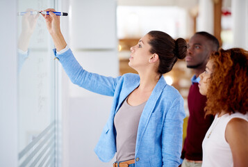 Aufkleber - Problem solving, business people and writing on glass board in meeting for brainstorming, ideas or planning in office. Creative employees, diversity and teamwork for solution, strategy or schedule