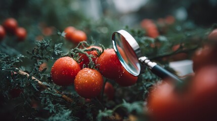 Aufkleber - Dew-kissed red tomatoes glisten on the vine, while a magnifying glass reveals intricate details and freshness in soft, natural light