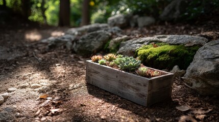 Aufkleber - Succulents thrive in a rustic wooden planter, resting amidst stones and vibrant moss in a sunlit corner of a serene rock garden