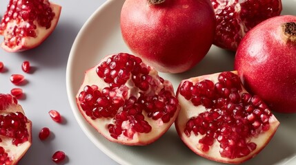 Poster - Vivid slices of tropical fruit display rich crimson interiors on a simple ceramic plate, highlighting the contrast with the glossy dark outer skin and neutral backdrop