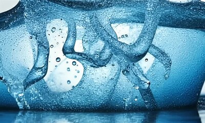 Wall Mural - Dynamic Blue Water Splash with Droplets and Intricate Waves Captured in Clear Liquid Motion