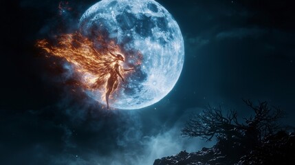 Aufkleber - Tanuki transformation into a flame spirit night sky digital art fantasy environment dramatic viewpoint