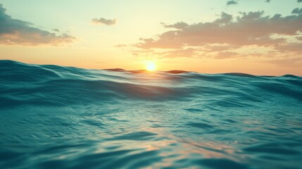 Poster - A vibrant sunrise emerges from behind soft clouds, casting golden light on calm waves while the smooth shoreline frames the bottom of the pastel-colored horizon