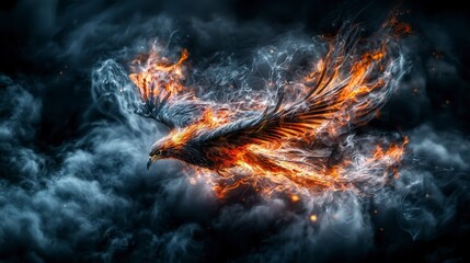 Poster - Majestic phoenix in flight glowing feathers nature dramatic sky close-up symbol of rebirth