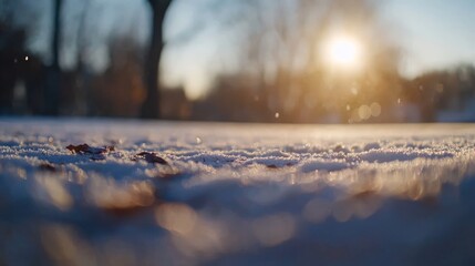 Aufkleber - Snow blankets the ground in a tranquil field at dawn, as soft mist rises and the sun gently illuminates the serene winter landscape