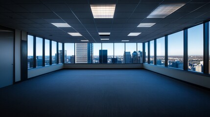 Leinwandbilder - Wide-angle view of a vacant office space with floor-to-ceiling windows offering scenic views of downtown skyscrapers and a bright blue sky