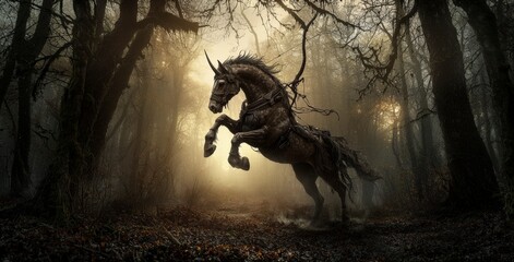 Poster - Centaur galloping through enchanted forest at dusk fantasy artwork magical landscape dramatic viewpoint