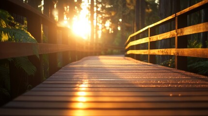 Aufkleber - A wooden boardwalk winds through a misty forest at sunrise, where golden light reflects off dew-covered planks and surrounding lush foliage