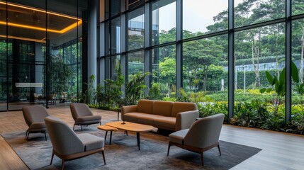 Aufkleber - Bright and airy waiting area showcases a grey sofa and stylish chairs against a backdrop of a serene garden visible through expansive glass walls
