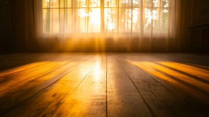 Poster - Sunlight spills gently through sheer curtains, illuminating the wooden floor and casting soft, diffused patterns that enhance the cozy atmosphere of the living room