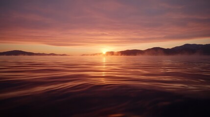 Aufkleber - A serene lake greets the dawn, with mist curling above the surface and golden sunlight shimmering on the water. The sky is painted in soft pink and orange hues