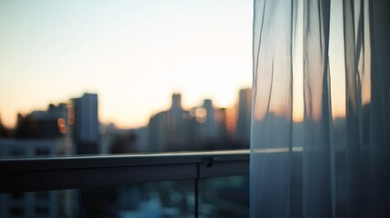 Fototapete - Sheer white curtains billow in the wind on a breezy balcony, illuminated by soft morning light, revealing a blurred cityscape in the background