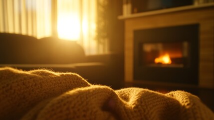 Aufkleber - Warm sunlight filters through sheer curtains, illuminating a living room filled with comfort. A plush knitted blanket on the sofa invites relaxation in this serene space